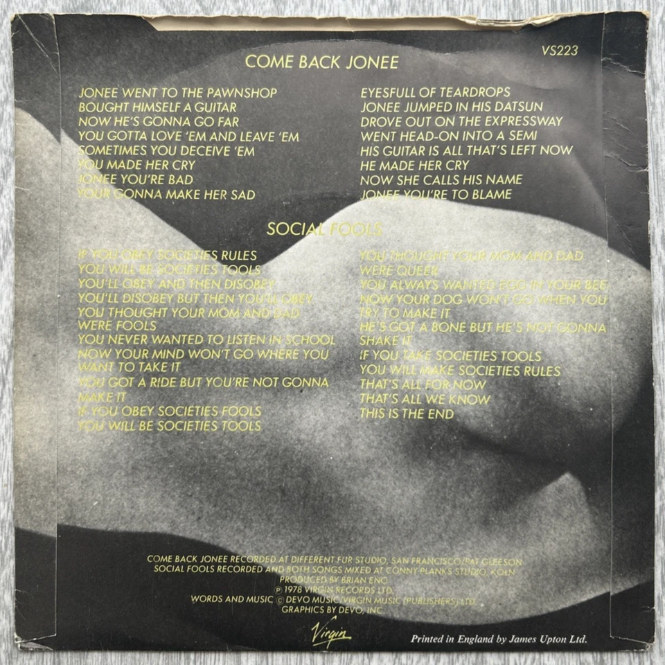 DEVO "Come Back Jonee" 1978 45rpm 7" Single Virgin ‎– VS 223 Foto 2 de 4
