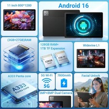 Android 16 Tablet 11 inch 30GB RAM 128GB ROM 7800mAh WiFi 6 BT 5.4 Dual Camera