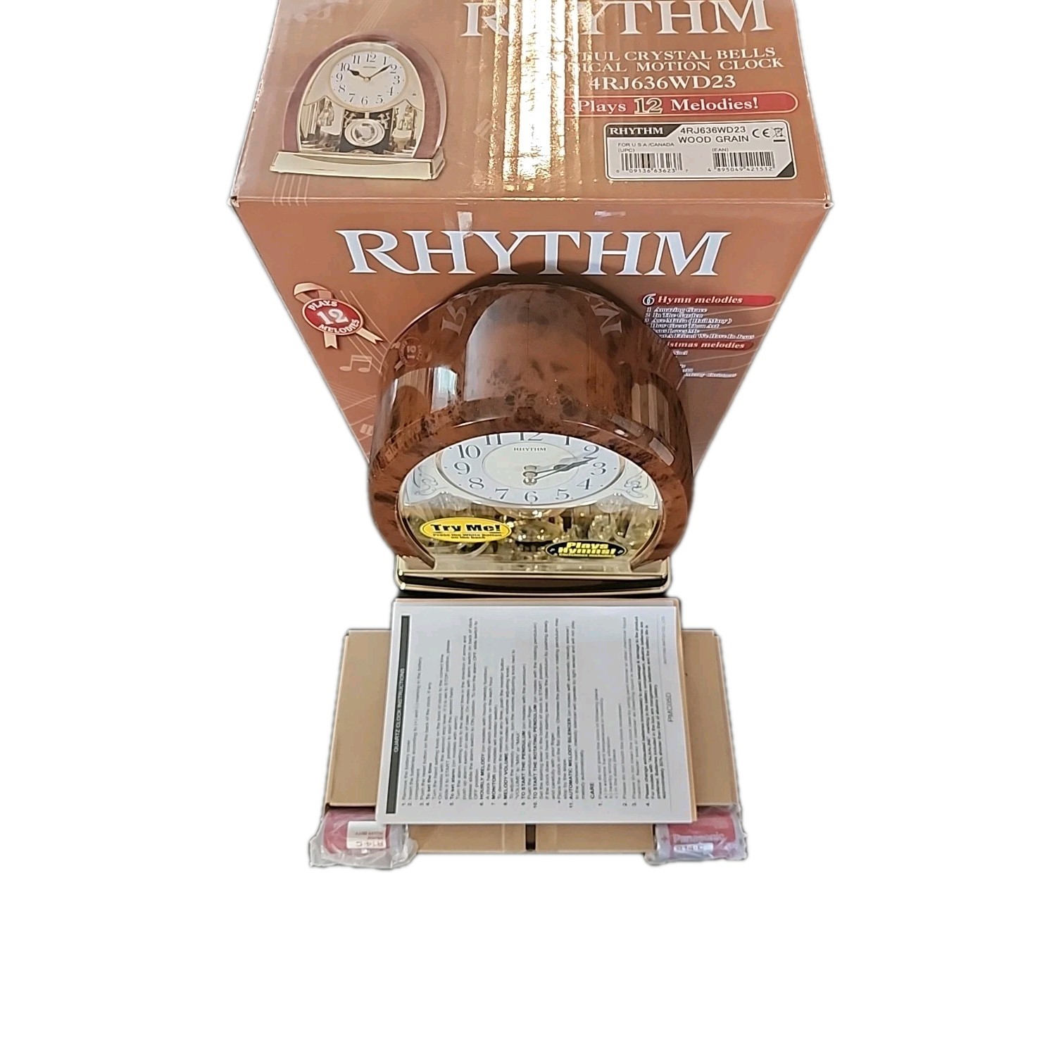 Rhythm "Joyful Crystal Gold Musical Mantel Clock Large, 8" Wide 10" High NIB