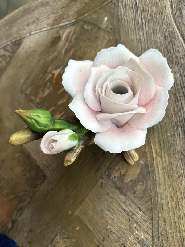 Porcelain Rose Flower Figurine, Pink White Green Brown Floral Decorative Decor