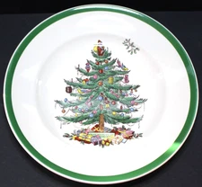 Spode, England, Porcelain Holiday Dessert Plate, Christmas Tree, Green Trim