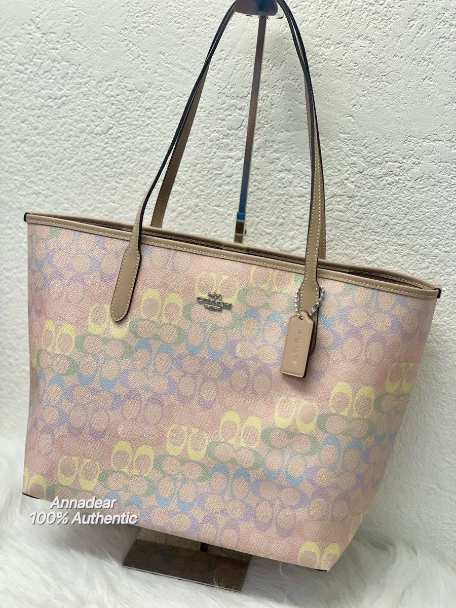 Coach City Tote Bag In Rainbow Signature Canvas Silver/ Sand Multi