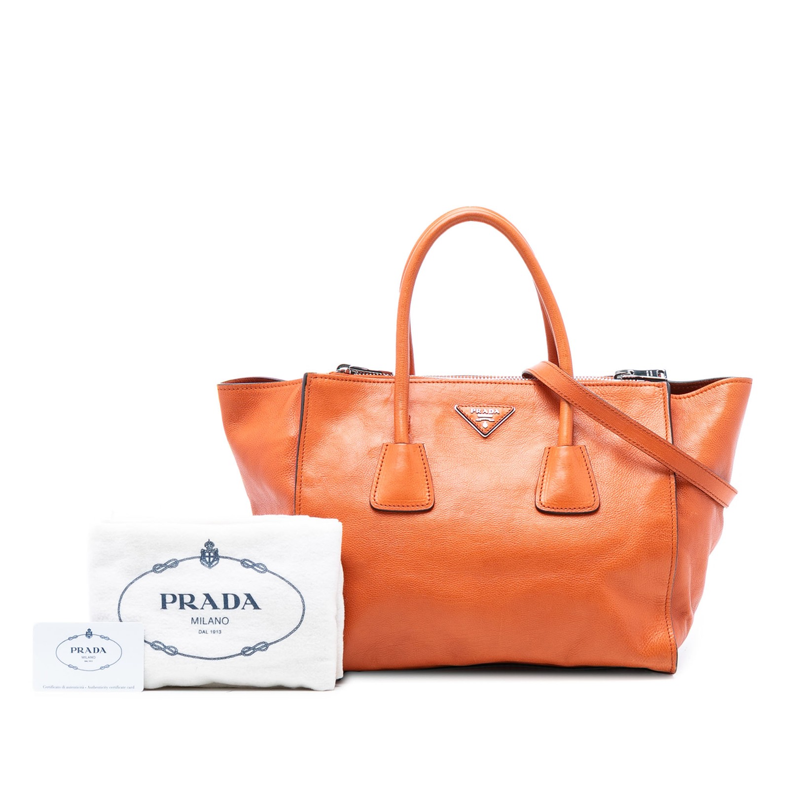 Authenticated Prada Glace Calf Twin Pocket Orange Leather Satchel thumbnail 7