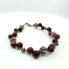 Vintage Gothic Deep Red Faceted Crystal Bead Strand Bracelet Silver Tone Accents