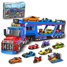 City Transporter Truck Building Set with 7 Sports Cars - Adjustable Loading 