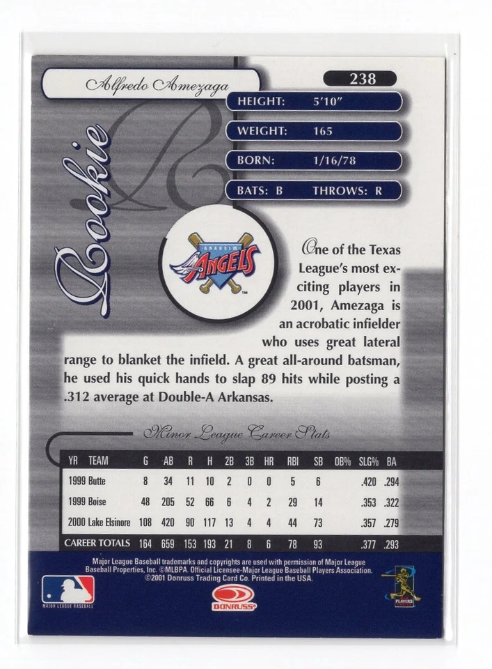 Baseball Card - 2001 Alfredo Amezaga 238 - Anaheim Angels Donruss MLB RC /1000 - Image 2 of 2