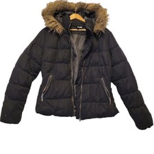 Divided H & M Women 14 Black Puffed Hooded Full Zip Up Jacket Coat Faux Fur Trim