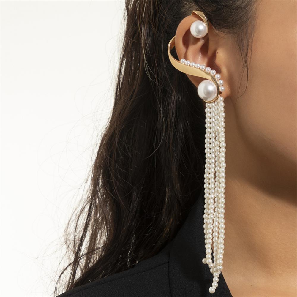 Elegant Imitation Pearl Ear Cuff with Long Tassel for Women No Piercing Required