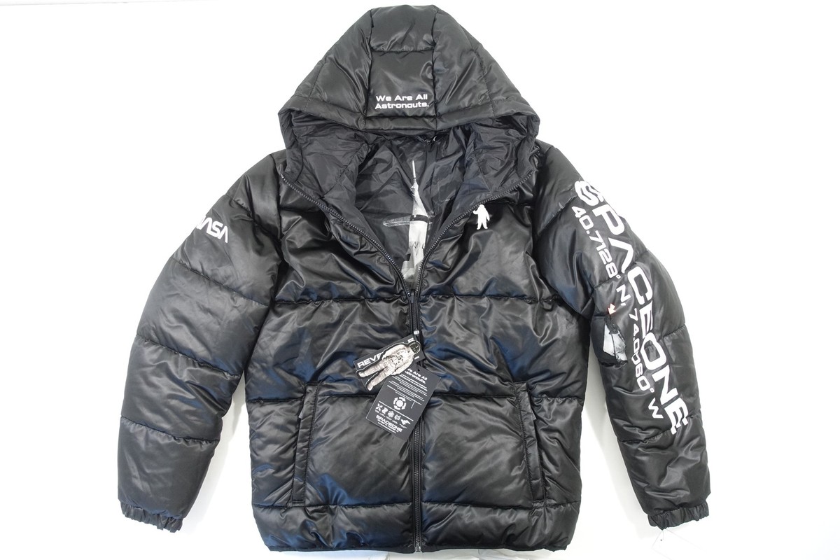 SPACEONE BLACK MEDIUM REVERSIBLE ROCKET ART PUFFER NASA ASTRONAUT
