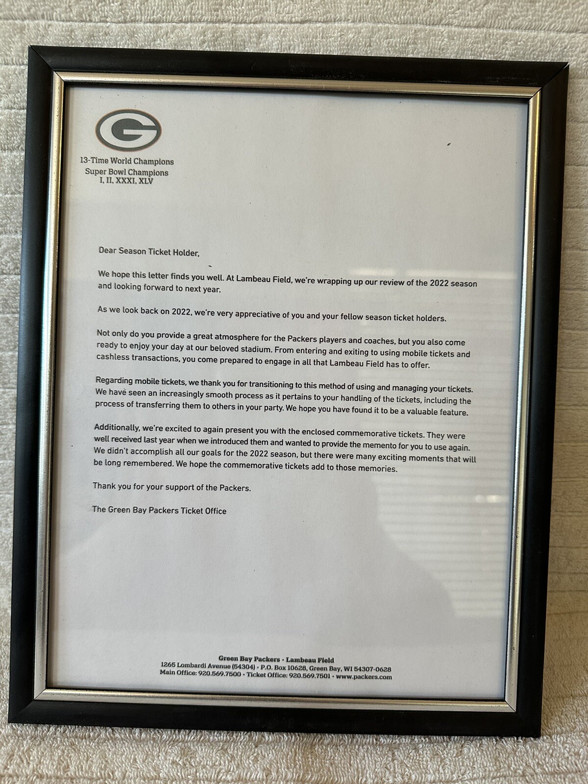 2022 Green Bay Packer FRAMED Season Ticket Commemorative Tickets