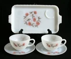 5~Vintage~FIRE KING~Fleurette~FLORAL ~Milk Glass~SNACK TRAY~Tea Cups~Saucers~EUC