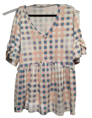 Plus Size For Us Plus Size Top 2X Checkered Plaid Ruffled Short Sleeve
