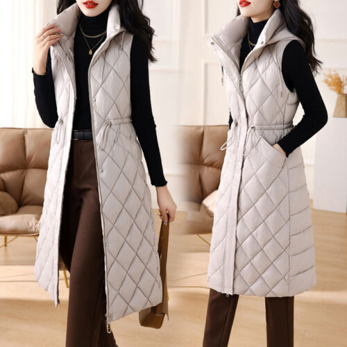 Women Down Cotton Vest Hooded New Winter Waistcoat Jacket Long Slim Coat Gilet - Picture 1 of 28