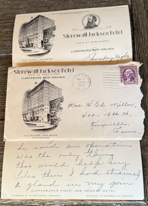 Vintage 1935  Stonewall Jackson Hotel Letter And Envelope Clarksburg WV