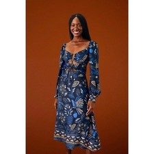 Farm Rio Blue Tropical Tile Cut-Out Sweetheart Midi Dress Long Sleeve Small