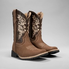 Kids Embroidered Square Toe Cowboy Boots Brown Leather 6" Shaft 1" Heel