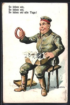Künstler-AK Ad. Hoffmann: Soldat packt ein Paket mit Wurst aus 1916 