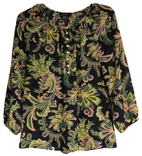 Chaps Medium Navy Paisley Pullover Blouse Sheer Long Sleeve 1/2 Button