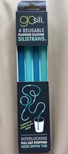 New GoSili 4 Reusable Interlocking Platinum Silicone Sili Straws -Aqua/Teal