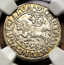 NGC MS 62 LITHUANIA / POLAND 1548 SILVER HALF GROSCHEN RIDER & EAGLE