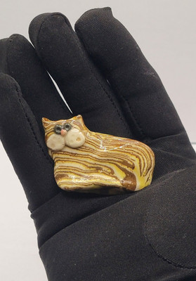 Vintage Artisan Clay Tabby Cat Brooch  Striped Brown Cream Earthy Colors Glossy 