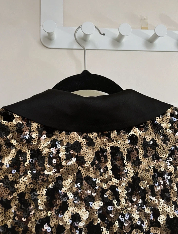 Impresionante Chaqueta Blazer Alice + Olivia XS Lentejuelas Leopardo Dorado Negro Fiesta Noche Foto 3 de 4