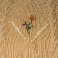 Vtg Handmade Wool Afghan Throw Blanket Yellow Cable Knit Bobble Embroidery 58x75