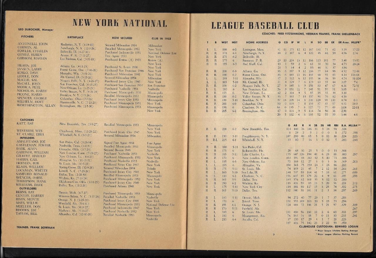 1954 New York Giants Yearbook, Willie Mays, Alvin Dark - EX+++