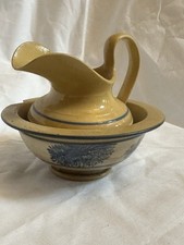 Antique Yellowware Spongeware Mini Pitcher Bowl Set Blue Victorian