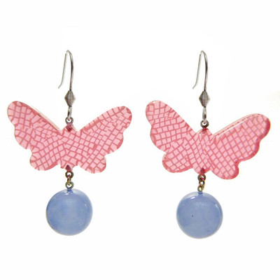 Ohrringe SCHMETTERLING ROSA BONBON & Perle BLAU durchscheinend Pop Geschenkidee