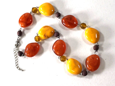 Orange Yellow Egg Yolk Amber Tone Wooden Beaded Necklace Silver Tone 21'' Fashion