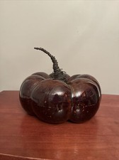 Large Pier 1 Ceramic Pottery Pumpkin Brown Glaze Metal Wire Wrapped Stem Fall