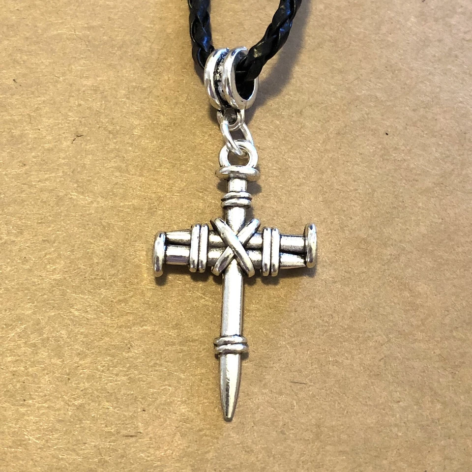 Collar Cruz Uñas Tibetana Negro Cuero Trenzado 18" Unisex Artesano EE. UU. 1758 Foto 2 de 3