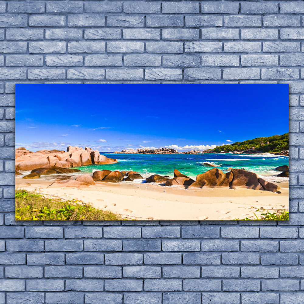 Tableau sur verre impression plage rocheuse de 140x70 cm pour salon