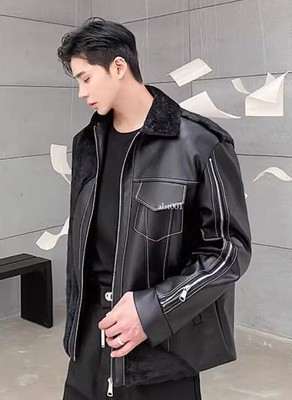 Men's Lapel Warm Fur Faux Leather Punk Zipper Short Coat Jacket