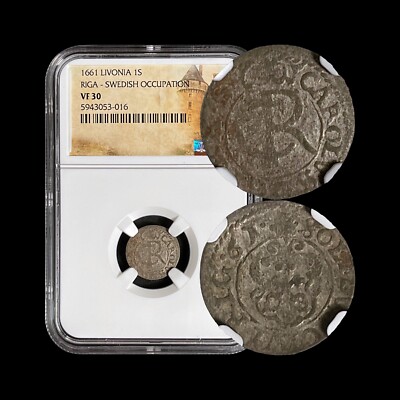 LIVONIA. 1661, 1 Solidus, Silver - NGC VF30 - Carl XI, Sweden, Riga ...