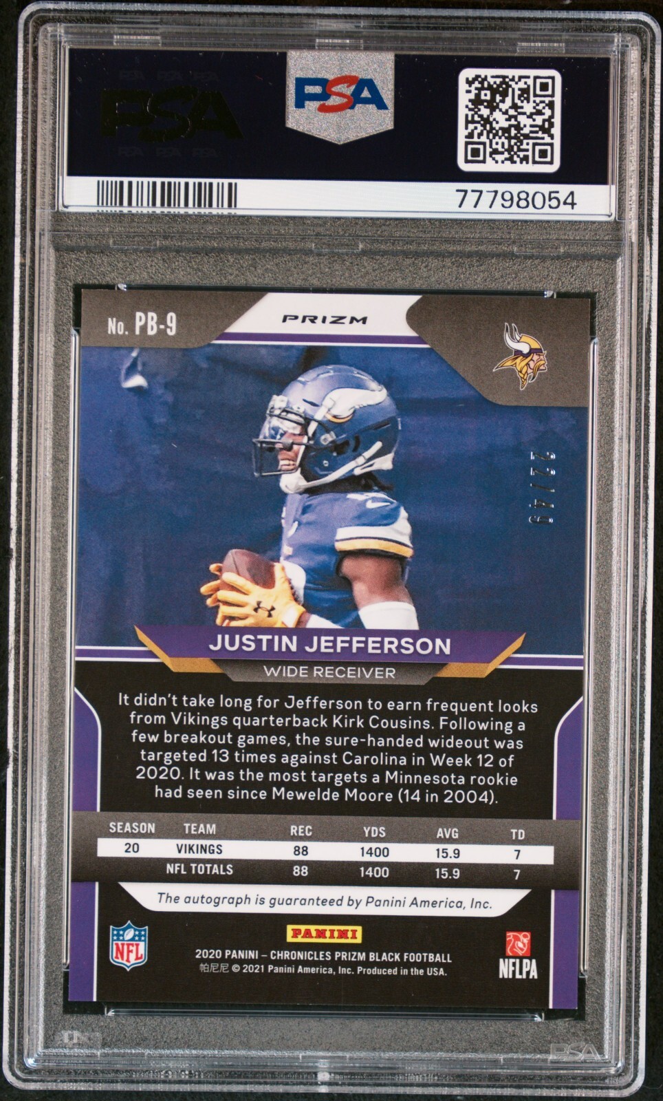 2020 Panini Chronicles Prizm Justin Jefferson Green Rookie RC Auto Sig /49 PSA 9 view 2