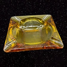 Vintage Mid Century Art Glass Amber Yellow Ashtray Square Dish 5.75”W 1.25”T