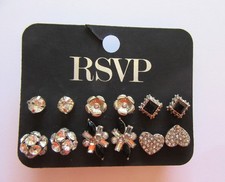 Fashion Earrings-6 pairs studs-post back silver hearts flowers squares sparkly