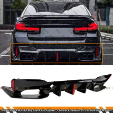 For 17-23 BMW G30 G38 Big Fin M5 Style Gloss Black LED Rear Bumper Diffuser Kit