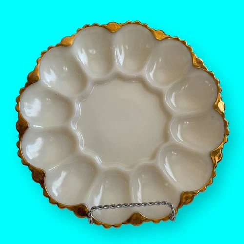 Vintage Anchor Hocking Fire King White Gold Trim Egg Dish Platter 12 Eggs 10"