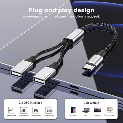 Adaptateur USB-C Vers Double USB-A 2.0 - Splitter OTG - Compatible IPhone 15, MacBook, Etc.