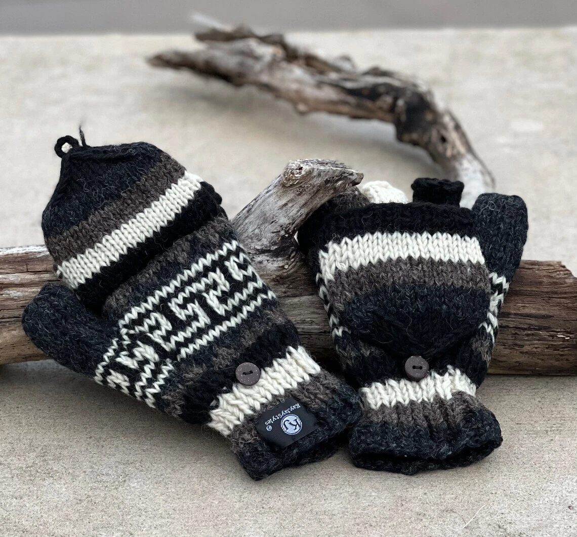100% Wool Unisex Hand Knit Convertible Mitten, Winter Gloves, Fingerless Gloves