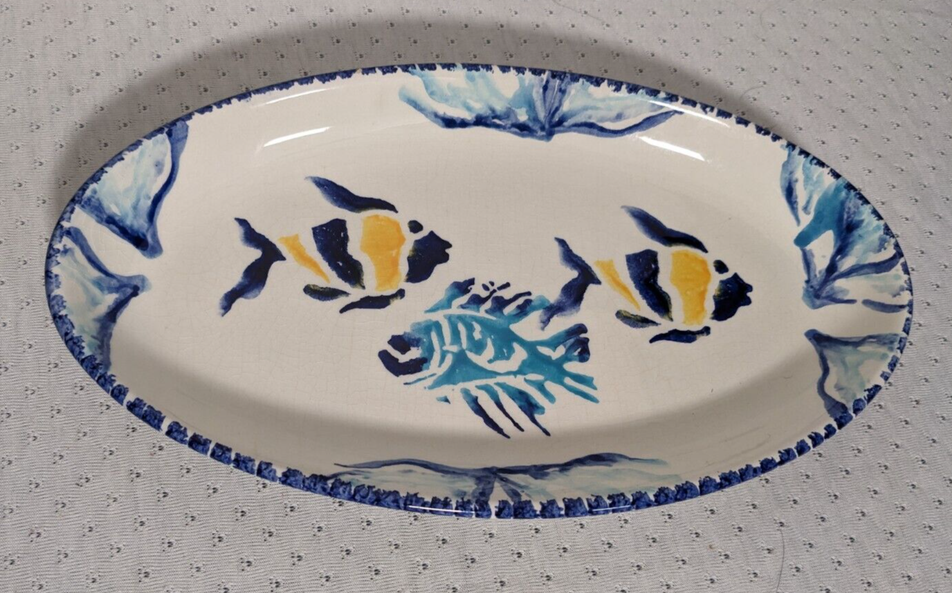 CALECA ITALY COLOR BLOCKS 14 3/4 FISH PLATTER PASTEL BLUE BAND SHALLOW  BOWL