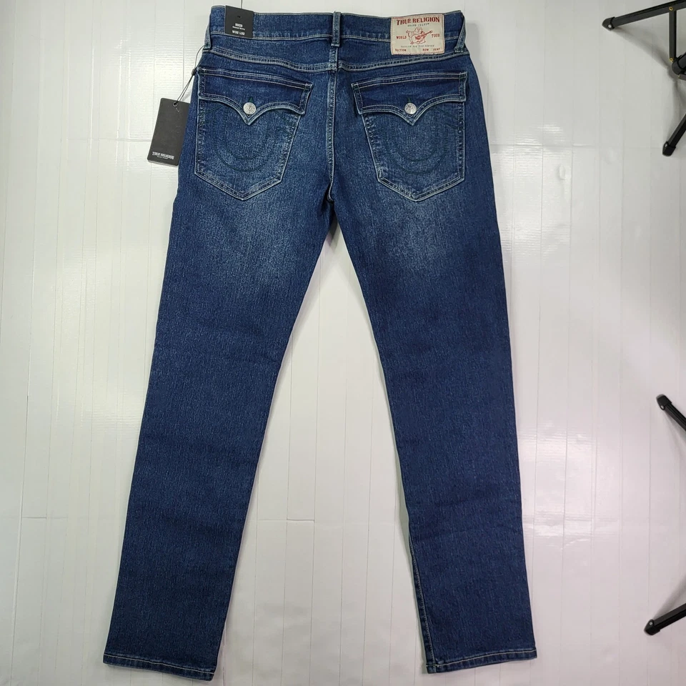 Pantalones de mezclilla True Religion Rocco azules 32x32 para hombre punto verde nuevos con etiquetas solapa ajustados Foto 3 de 4
