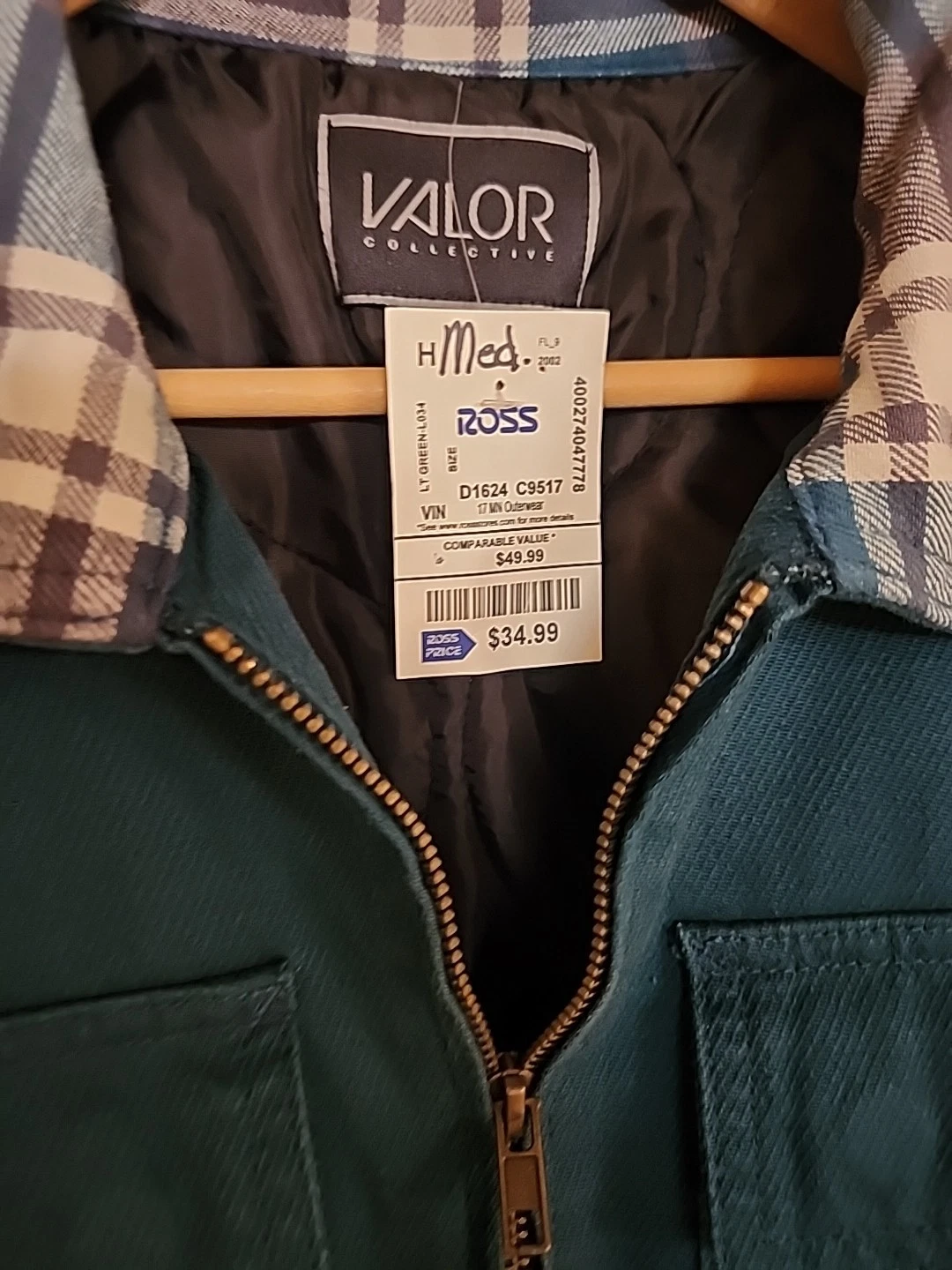 Valor Mens Utility Jacket Size Medium Calvary Twill Coat Flannel Collar Green image 3