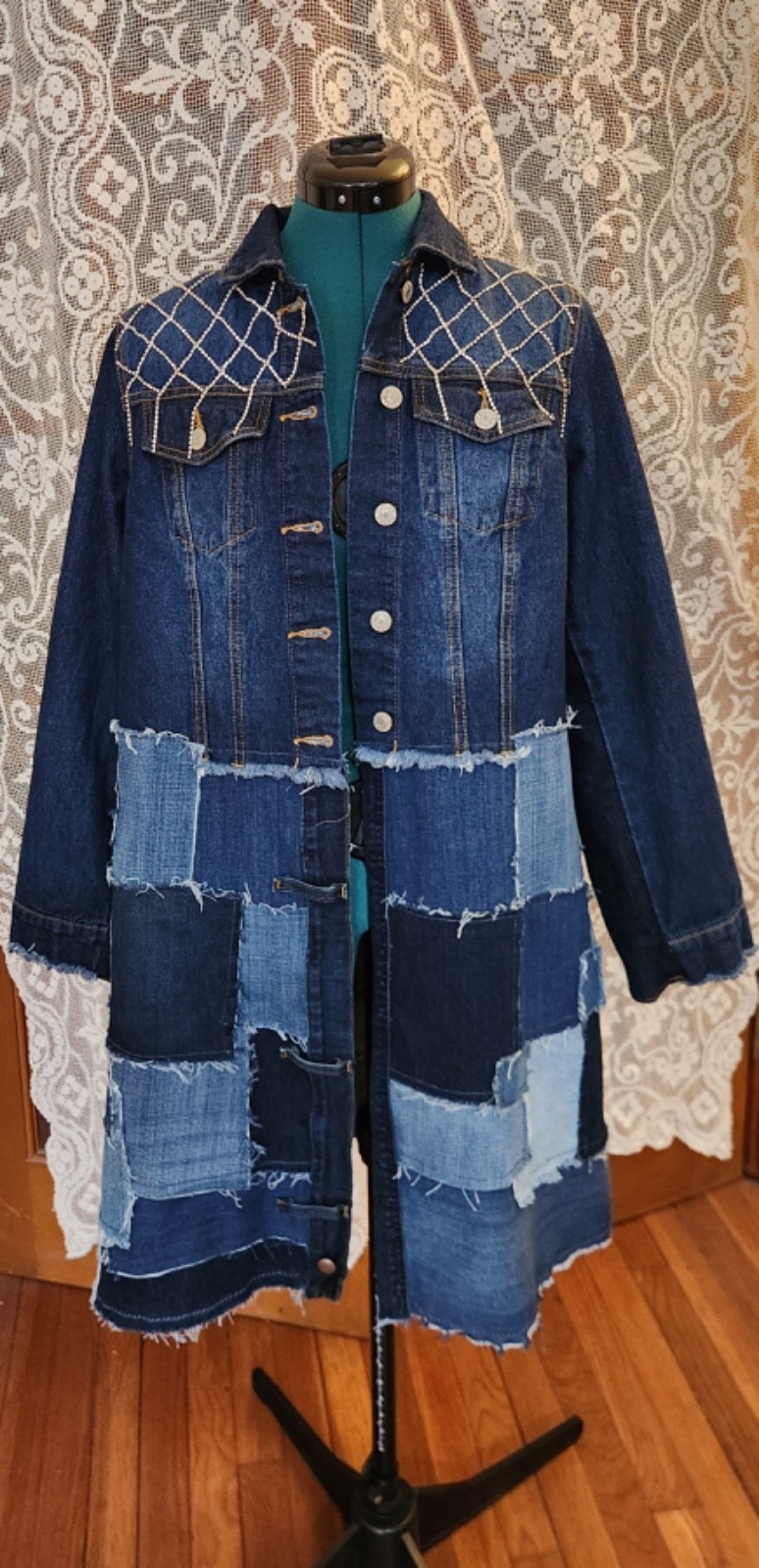 Upcycled Midi Denim Patchwork & Rhinestone Coat J… - image 8