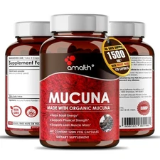 Organic Mucuna Pruriens Powder 1500mg Capsules - 120 Count -  Energy, Stamina