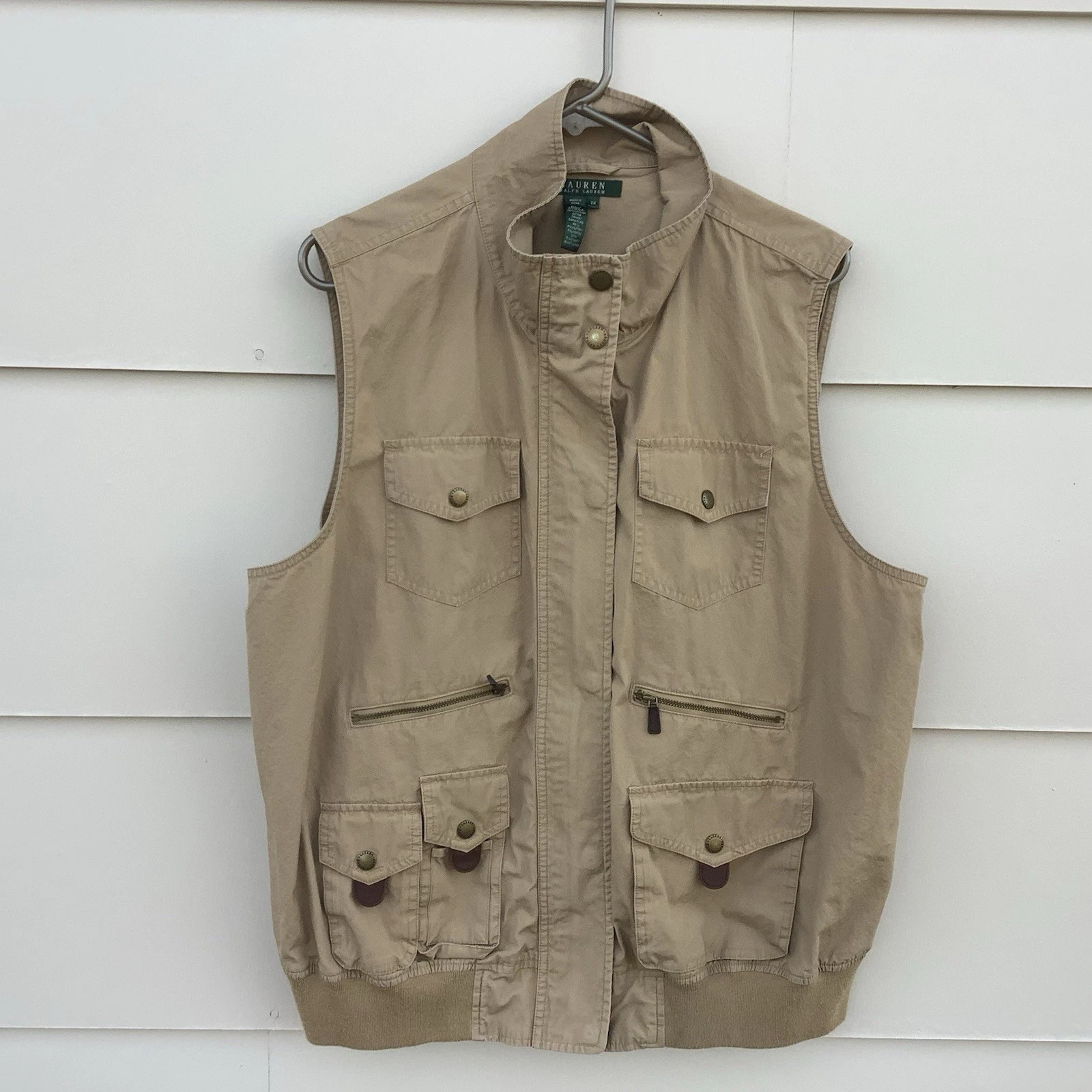RALPH LAUREN Mens 2XL Tan Khaki Utility Cargo Vest Zip Pockets Button Snap