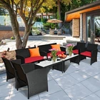 8PCS Rattan Outdoor Conversation Set Patio Furniture Set w/ Red Cushions